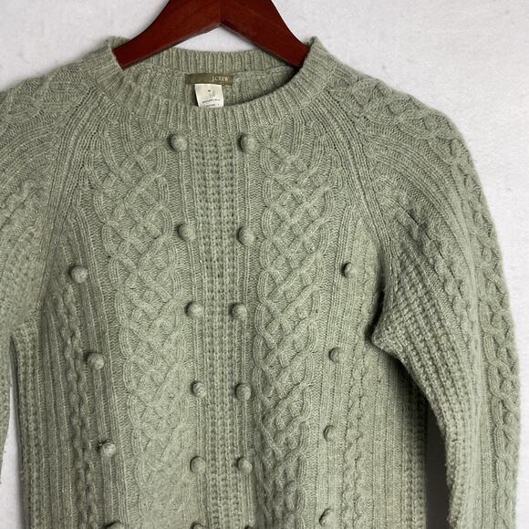J Crew Womens Lambswool Pom Pom Cable Knit Crewneck Sweater Green Medium - Picture 3 of 9
